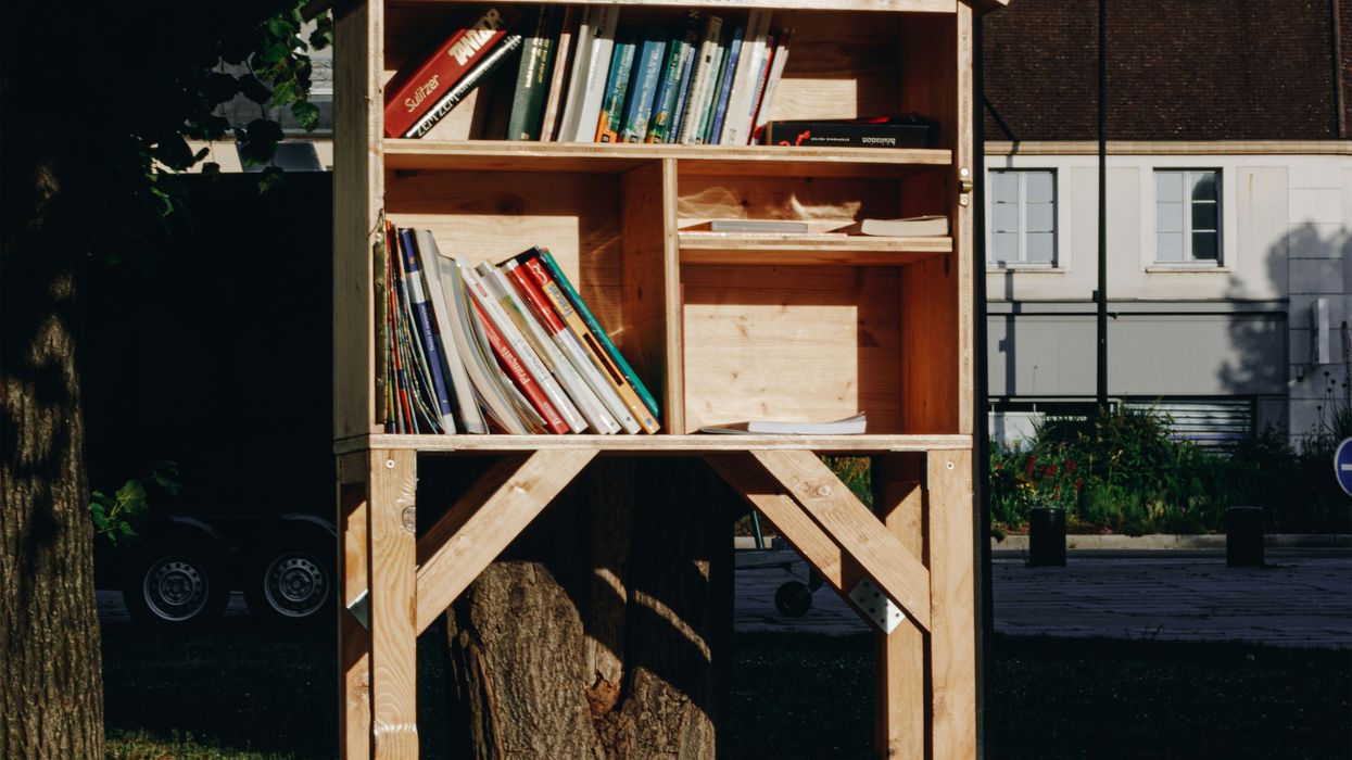 A makeshift free library on a neighborhood street