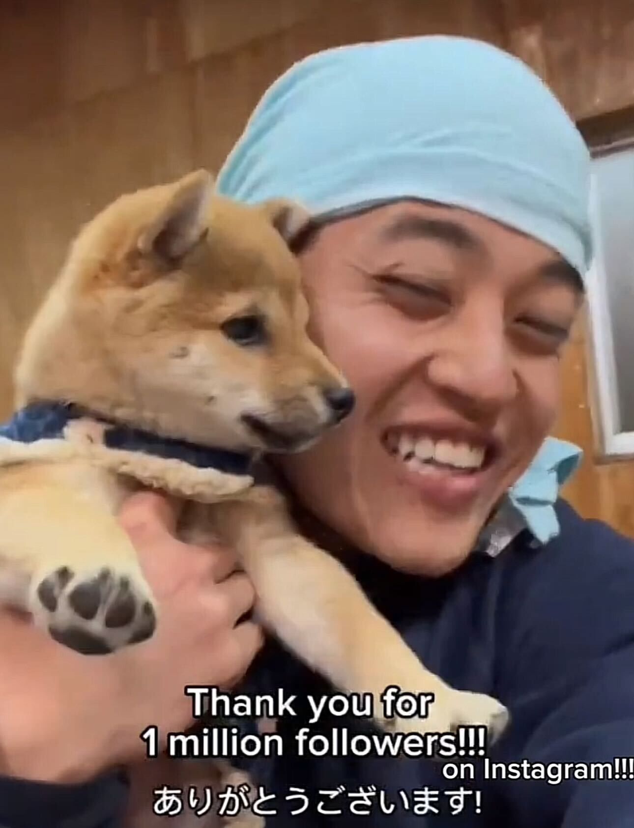 A man holding a tiny, baby Shiba Inu puppy. Text on screen reads "Thank you for 1 million followers on Instagram!" in English and Japanese