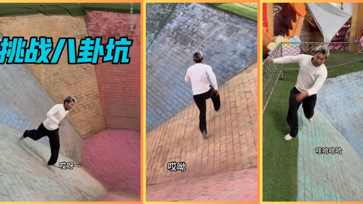 a man running up a vertical wall, three images