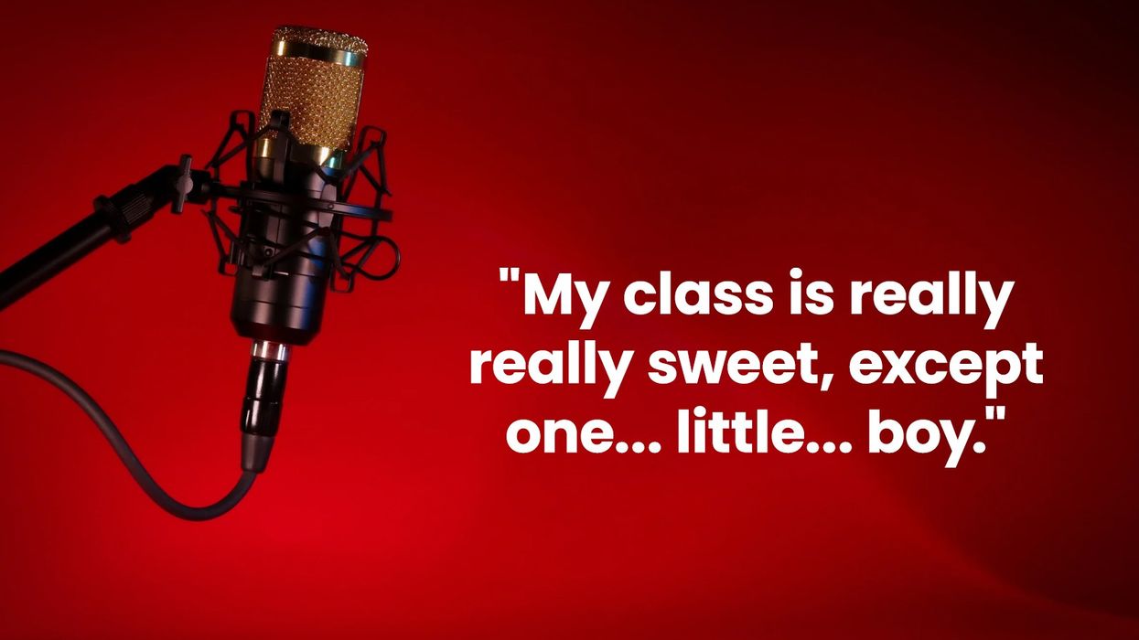 A microphone and the text "My class is really really sweet, except one... little... boy."