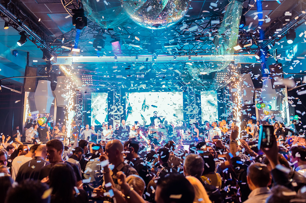 A party rages into the night.