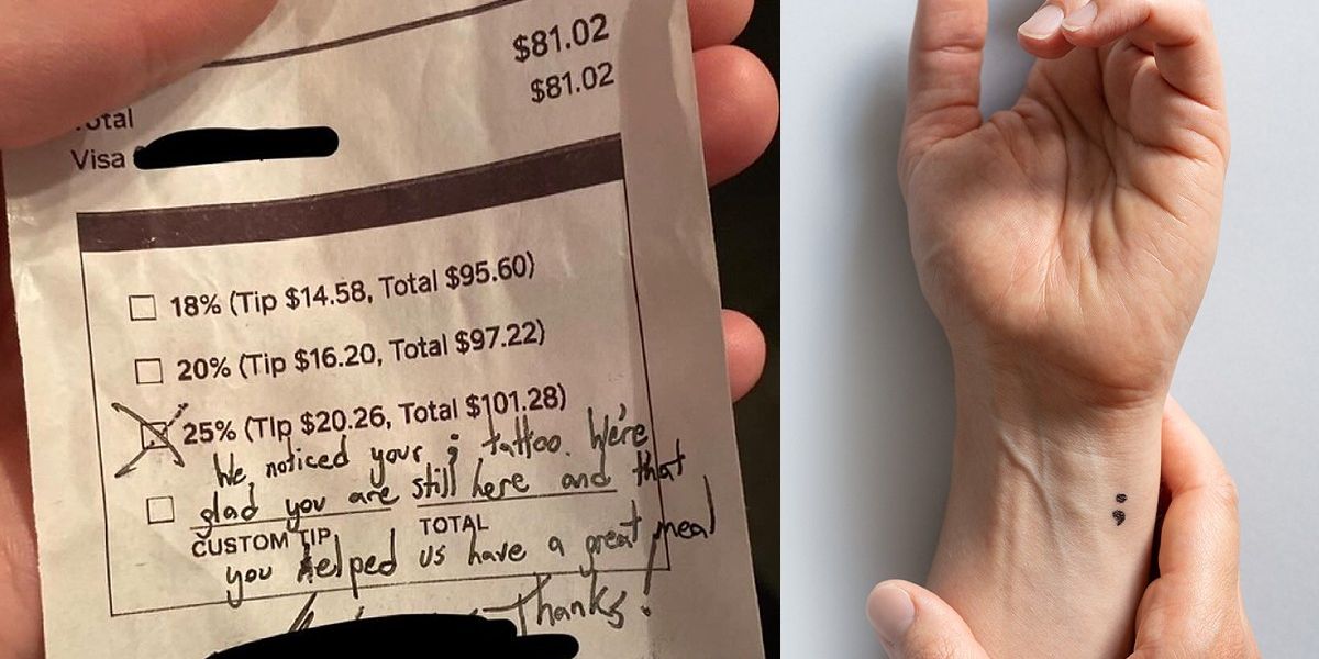 The couple recognized her semicolon tattoo—and left a message that moved her to tears