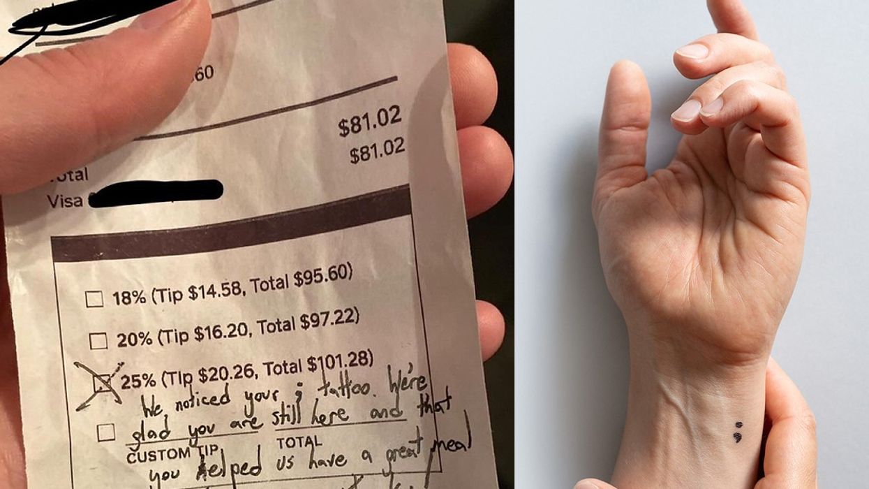 A receipt with a heartfelt message and a tattoo of a semicolon.