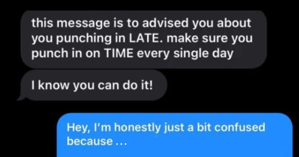 A screenshot of a text between an employee and their boss.