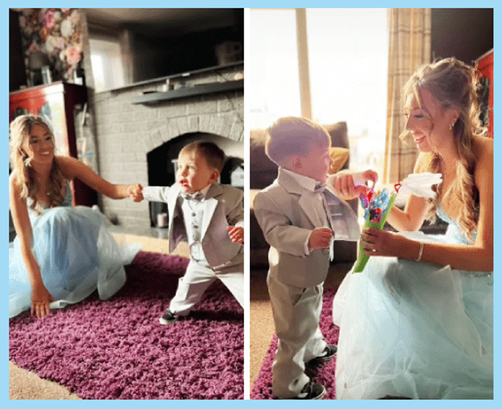 A teenage mother and her toddler son dressed up for prom.