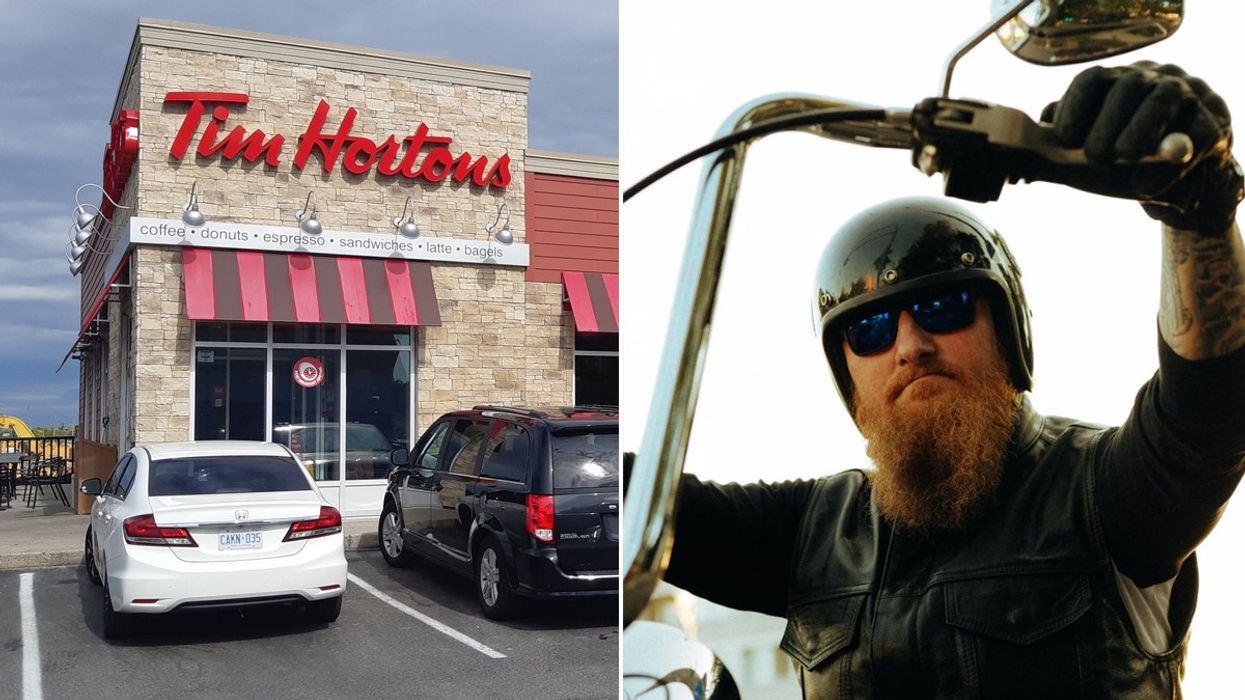 A Tim Hortons and a biker.