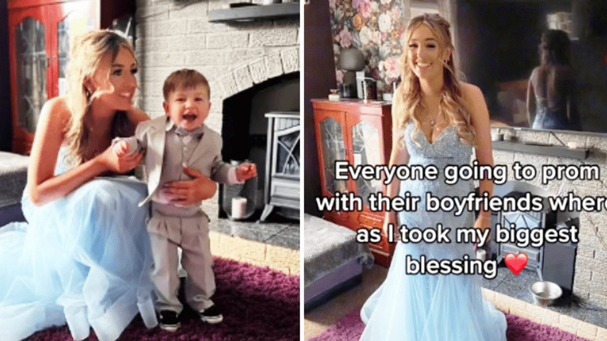 A young mother beaming as she poses with her toddler son in a suit, celebrating prom night together.
