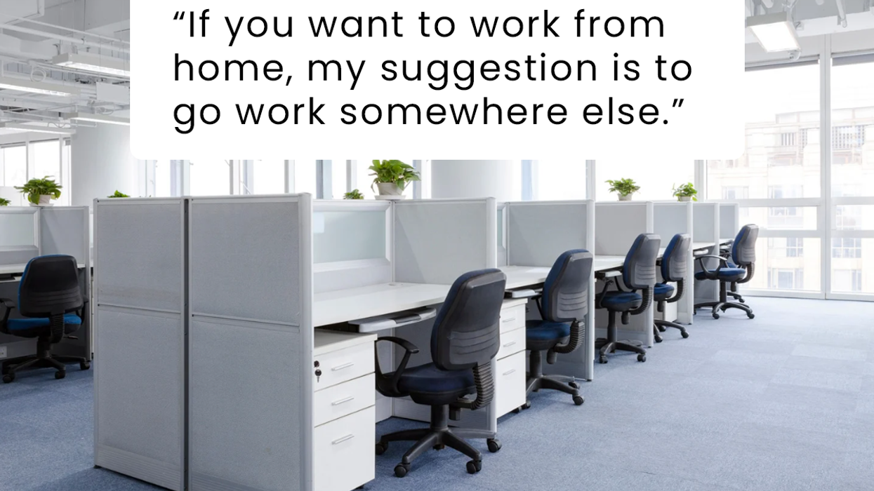 An empty office overlaid with a threat from a boss who wants everyone to come back to the office.