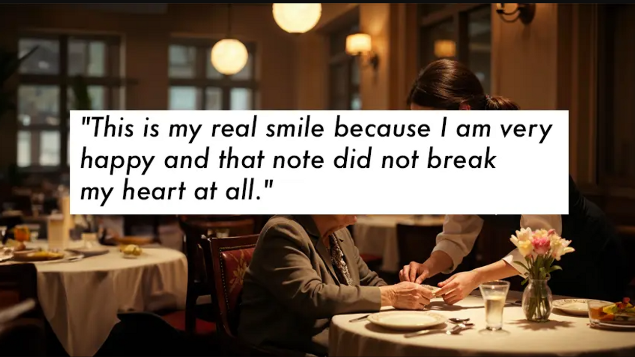 An image of a restaurant with the quote "This is my real smile..."