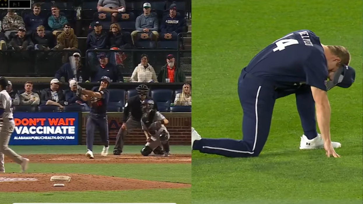 Auburn outfielder Cade Belyeu swinging his bat behind text overlay that reads "Auburn player hits home run hours after his mother passes away"; Belyeu taking a knee on a green field