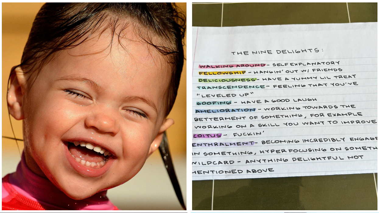 little girl laughing; handwritten list