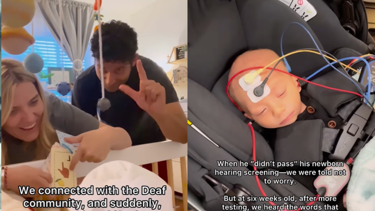 parents signing into their baby's crib; a baby with sensors stuck on his head