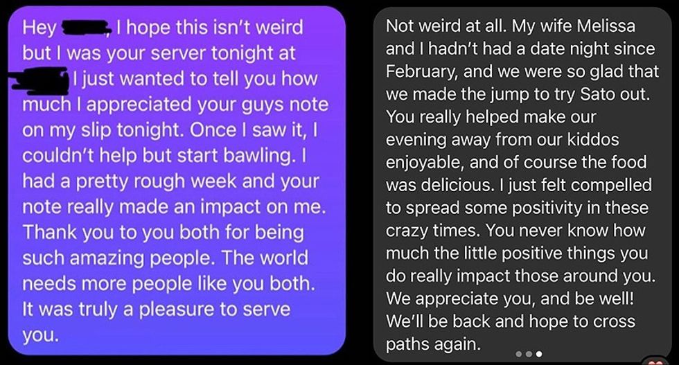 Text messages between a server and the couple that touched her heart.