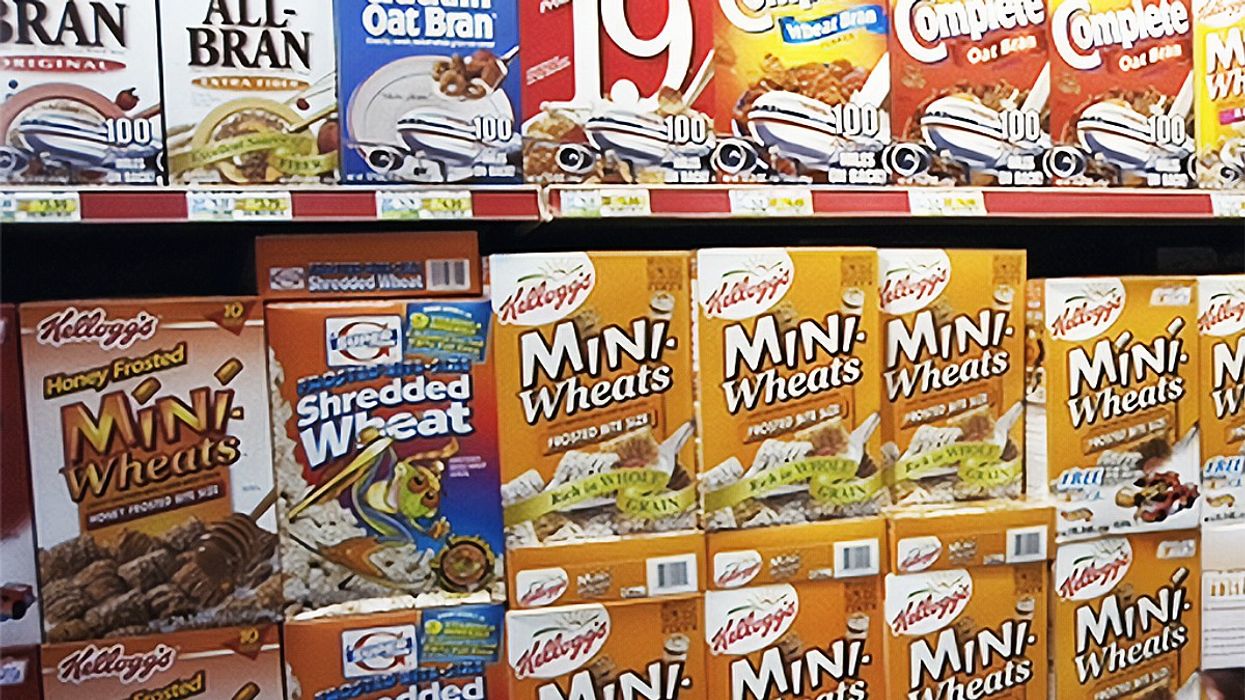 The cereal aisle at a supermarket.