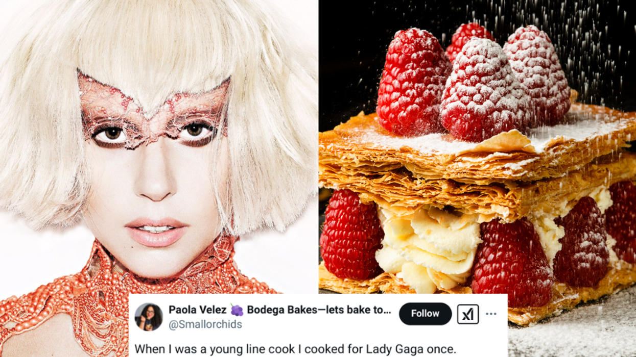 Two images, Lady Gaga on left, dessert on right