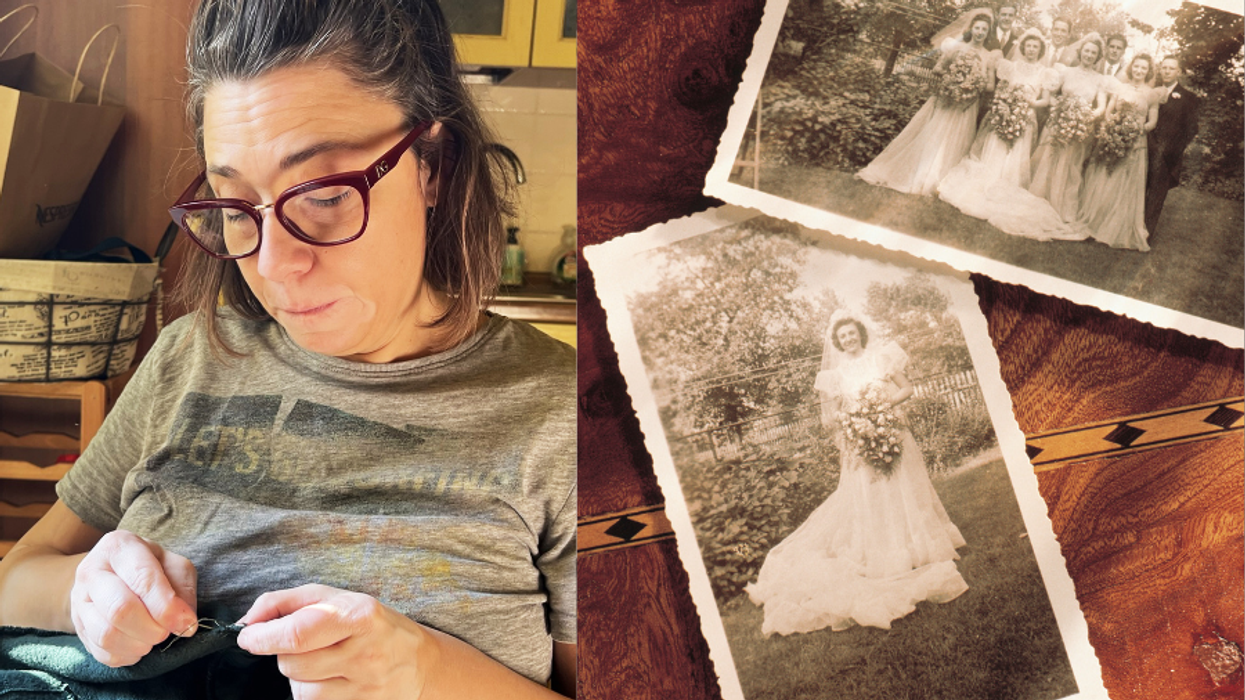 Two photos; the first, a woman sewing. The second, vintage photos from a wedding.
